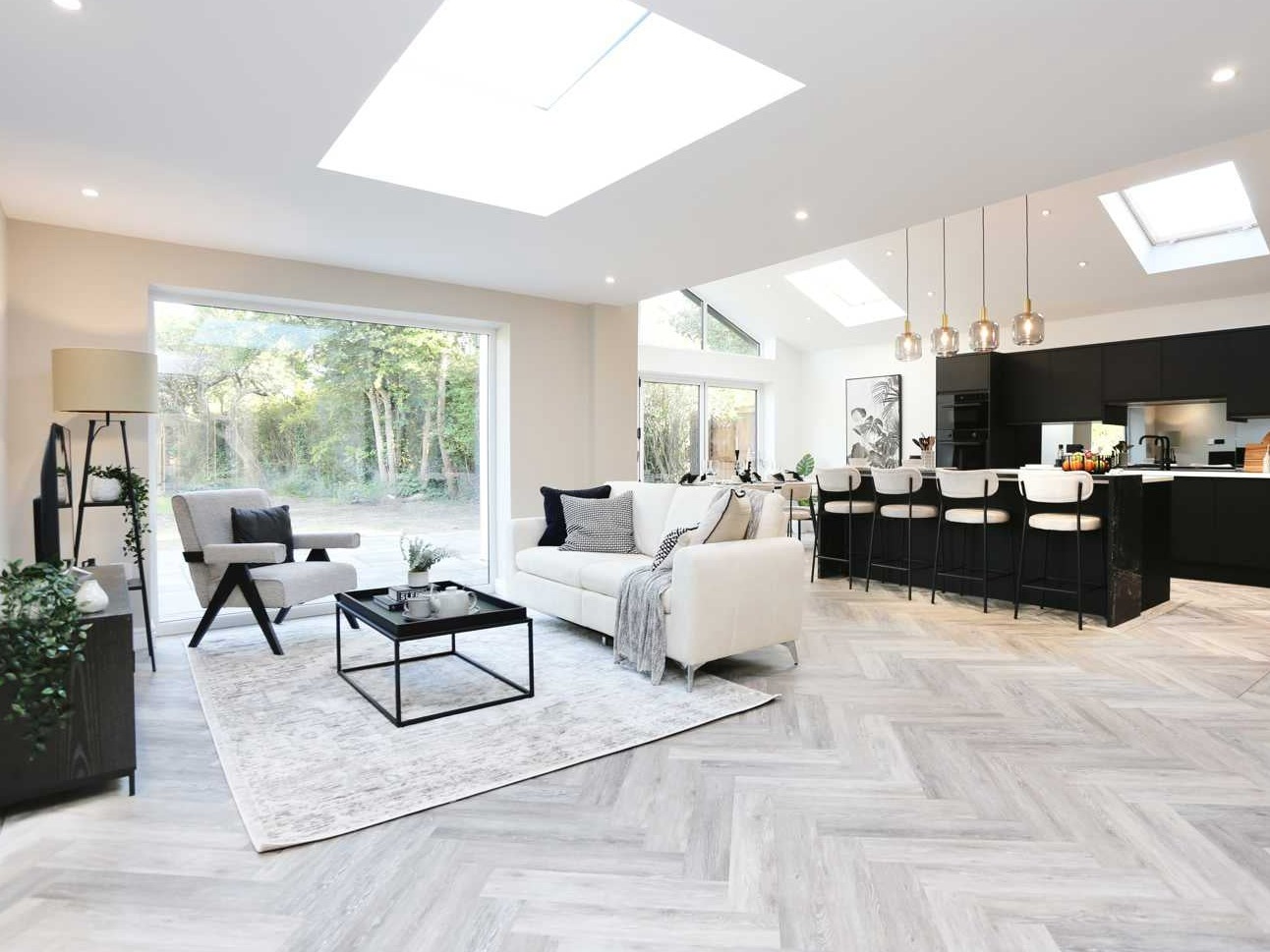 Open plan space zoned and styled with furniture rental