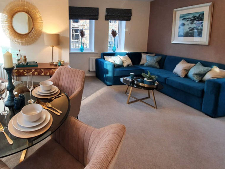 teal and soft gold showhome lounge diner