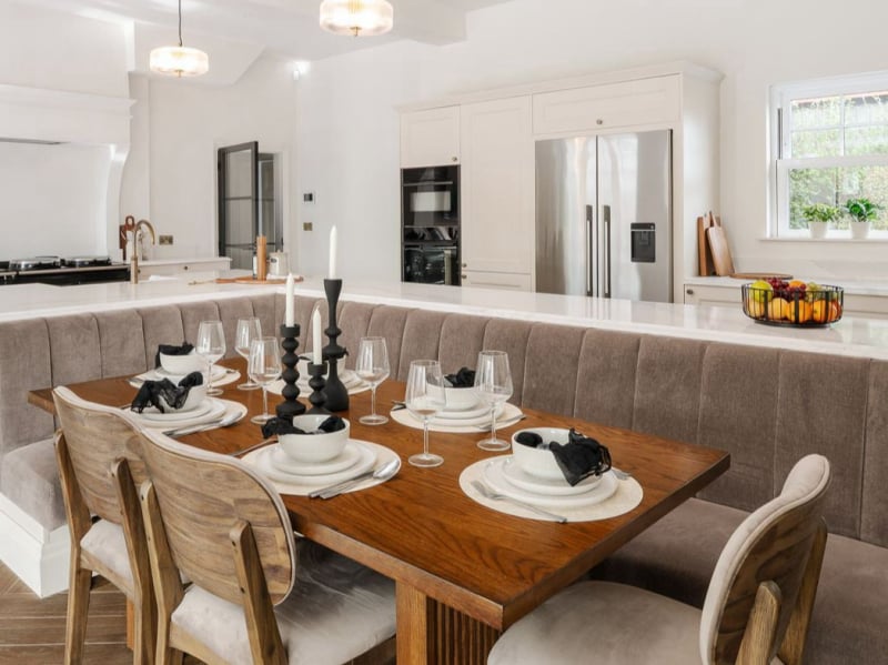 Open plan kitchen diner staged to sell furniture rental